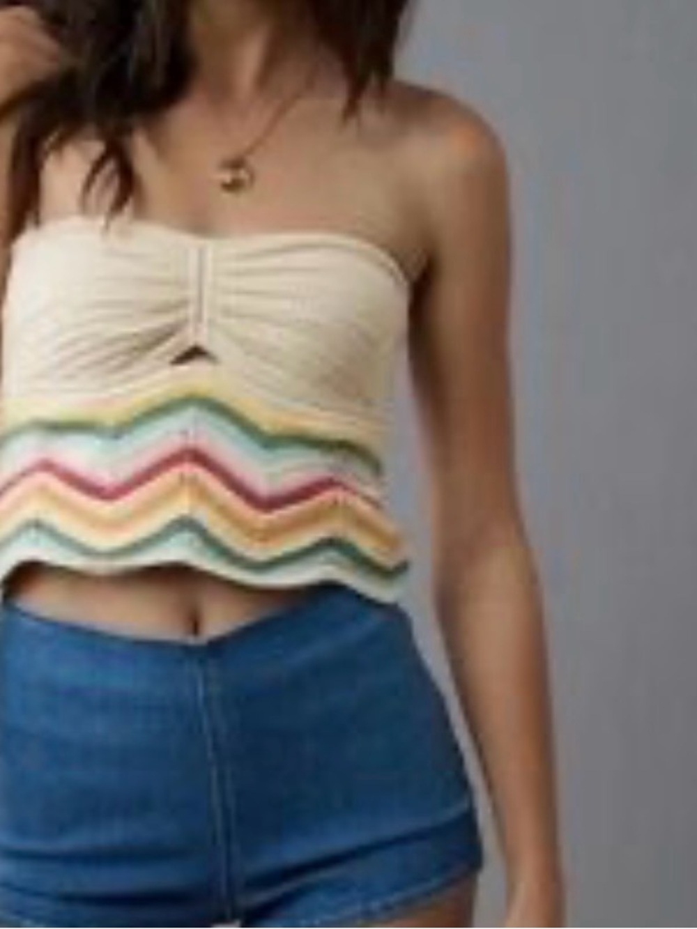 American Eagle Outfitters Cream Strapless Chevron Crop Top with Pastel Stripes